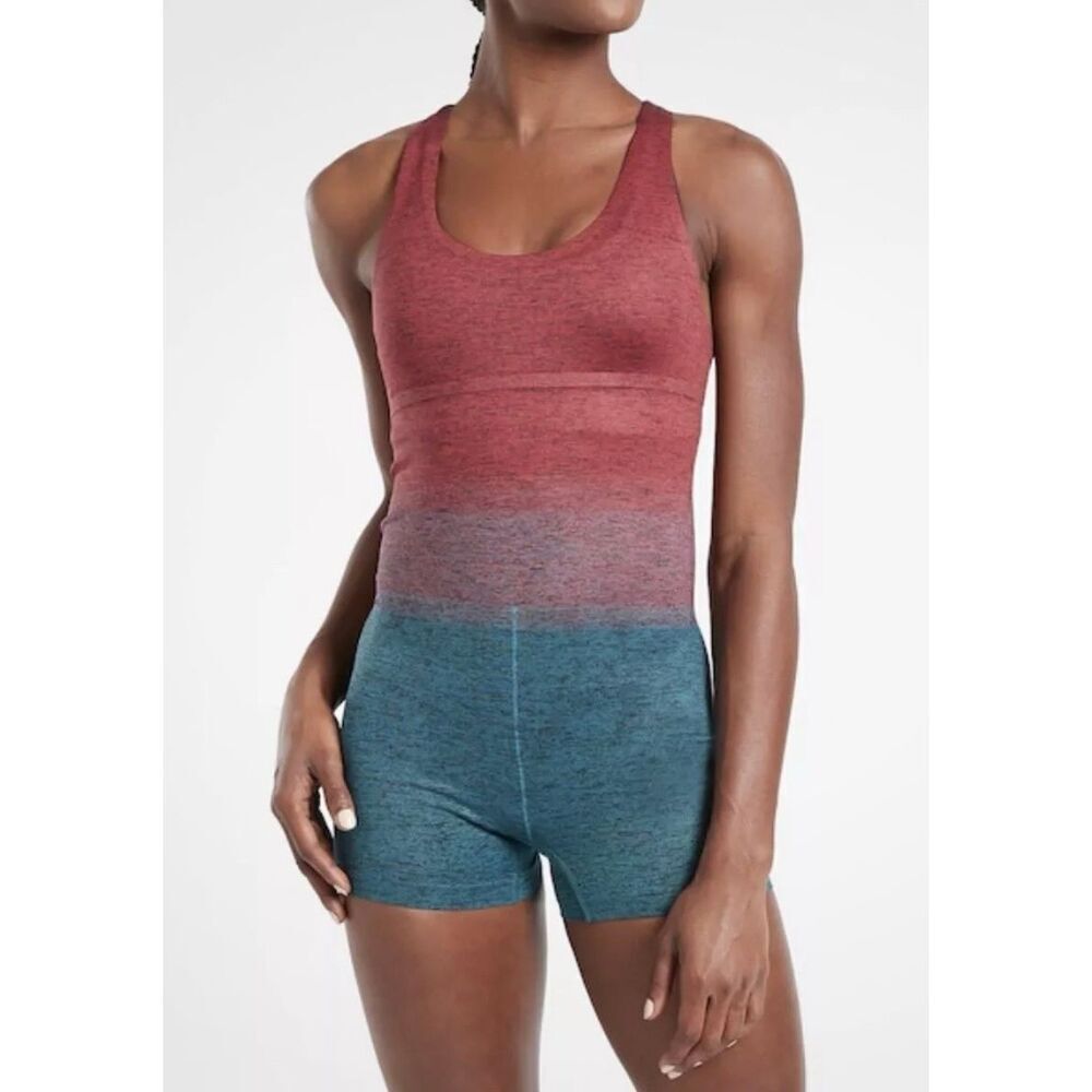 Athleta The Darkness Womens size M Ombre RedBlue Seamless Workout Relay Bodysuit